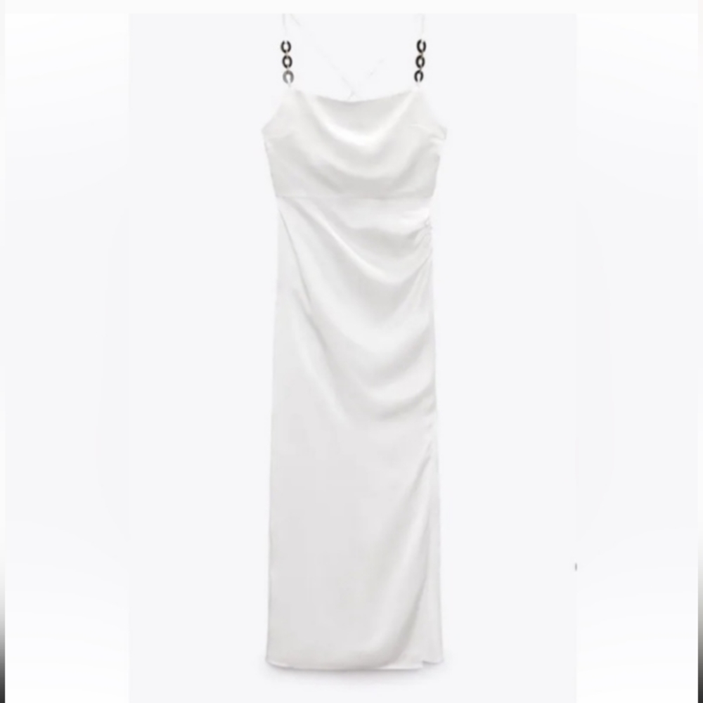 ZARA SATIN WHITE DRESS WITH CHAINS STRAPS DETAILS.